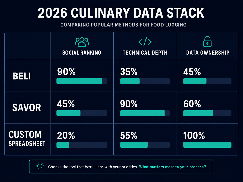 A comparison table for 2026 food tracking apps Beli and Savor versus custom spreadsheets across social, technical, and ownership criteria.