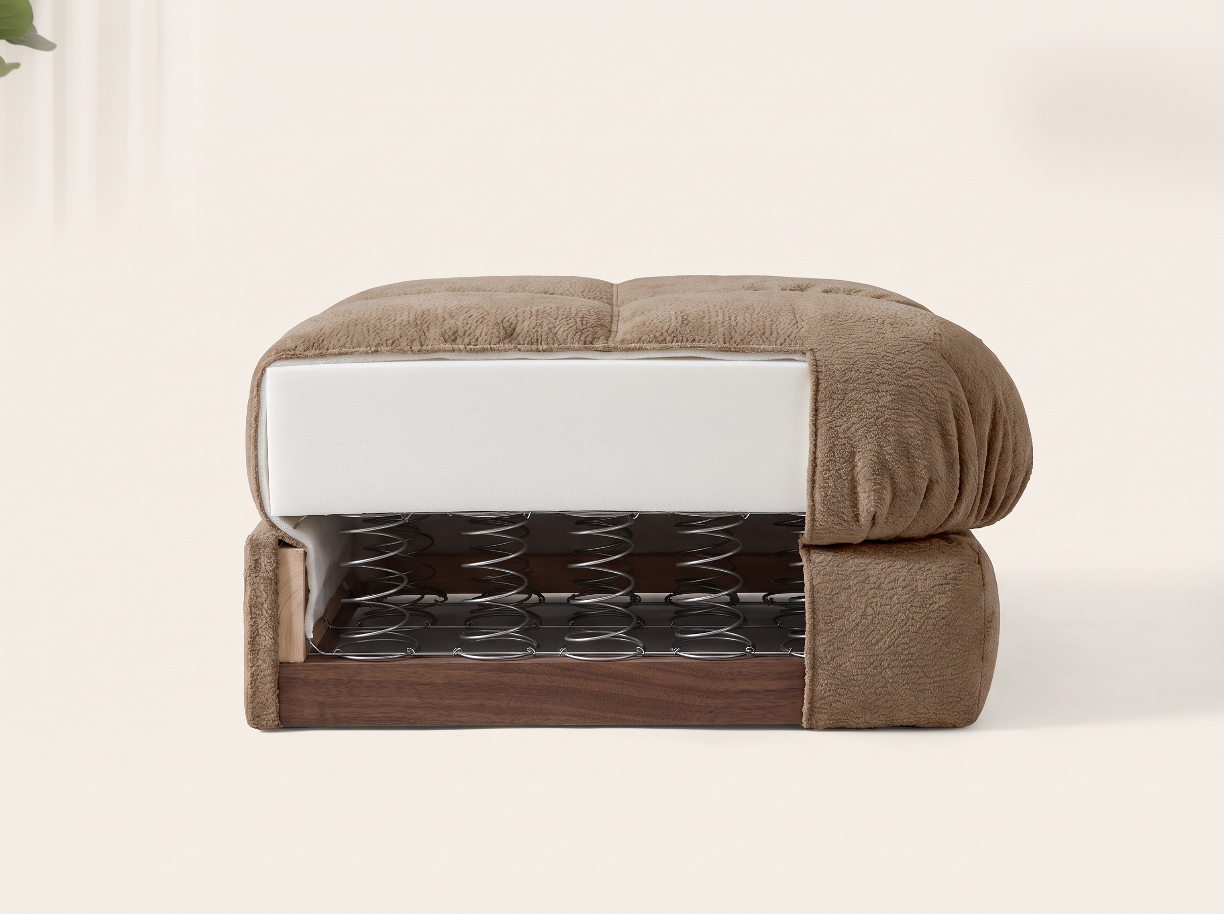 Cross-section of a PRINCE seat: quilted chenille cover, high-density foam, spring support on frame