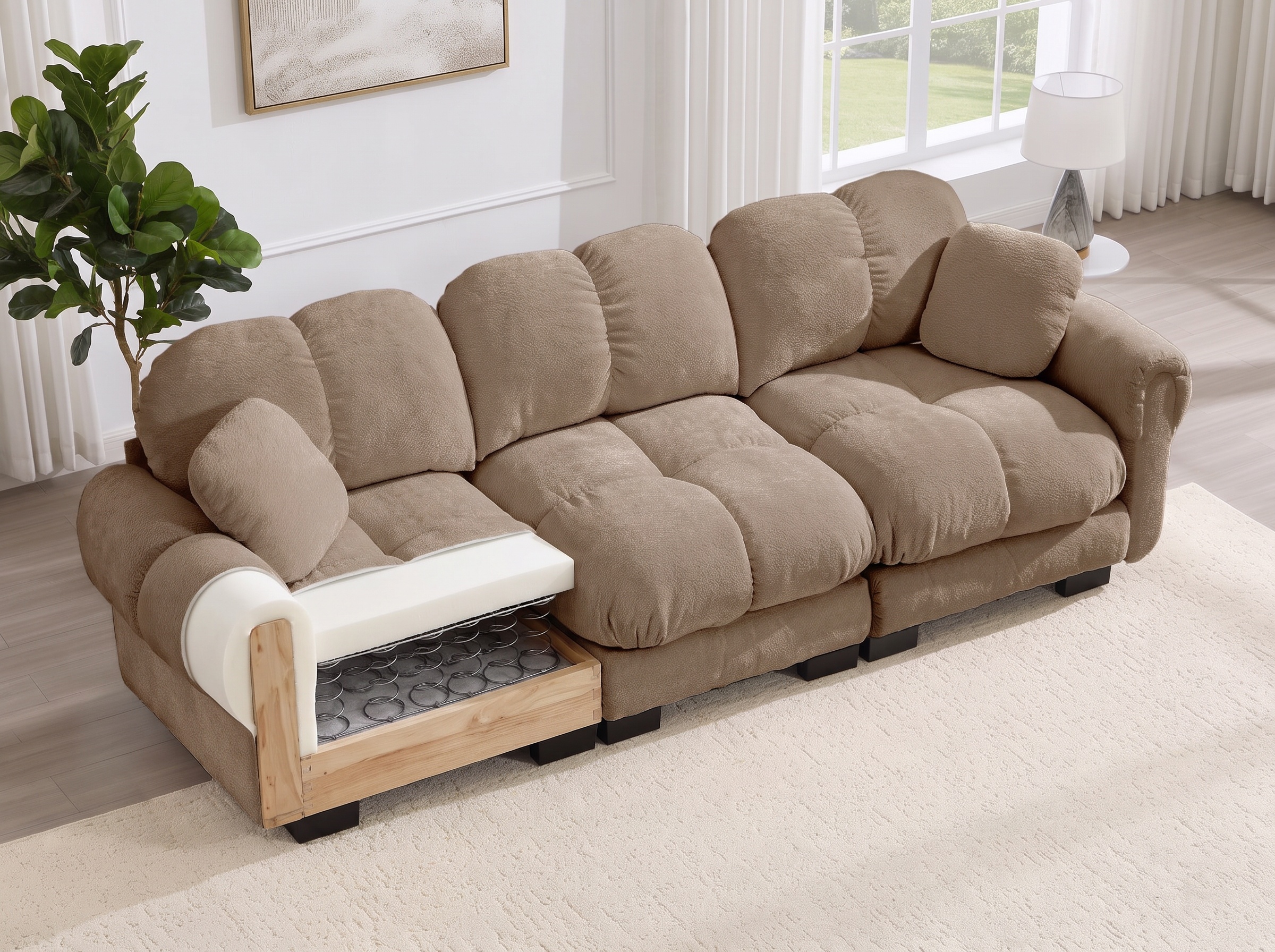 PRINCE 103-inch in Chenille Almond Brown with a cutaway at the seat corner showing the cover, foam, springs and frame