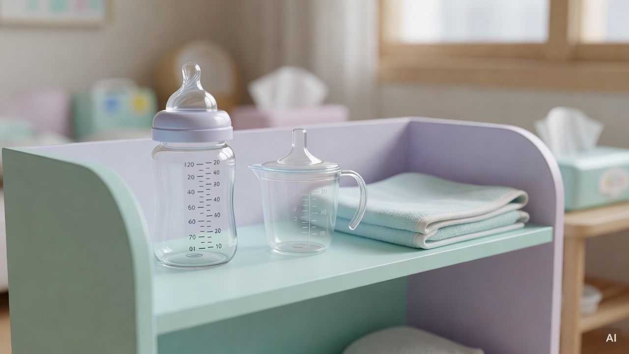 baby bottle, measuring cup, and small towel arranged on a pastel-colored baby care shelf
