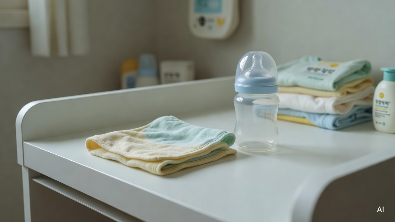 baby bottle and burp cloth placed on a white changing table surface