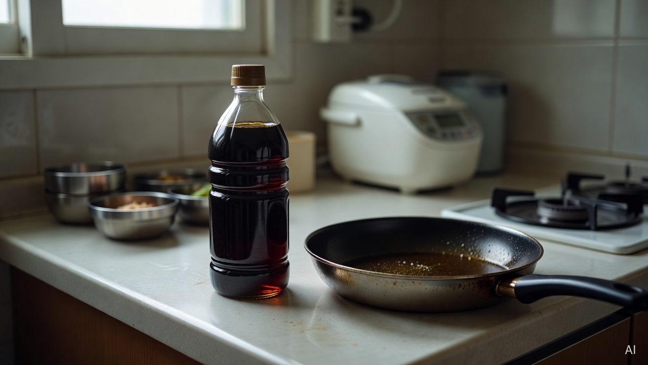 dark-colored cooking oil in a clear glass bottle on a kitchen counter next to a used frying pan