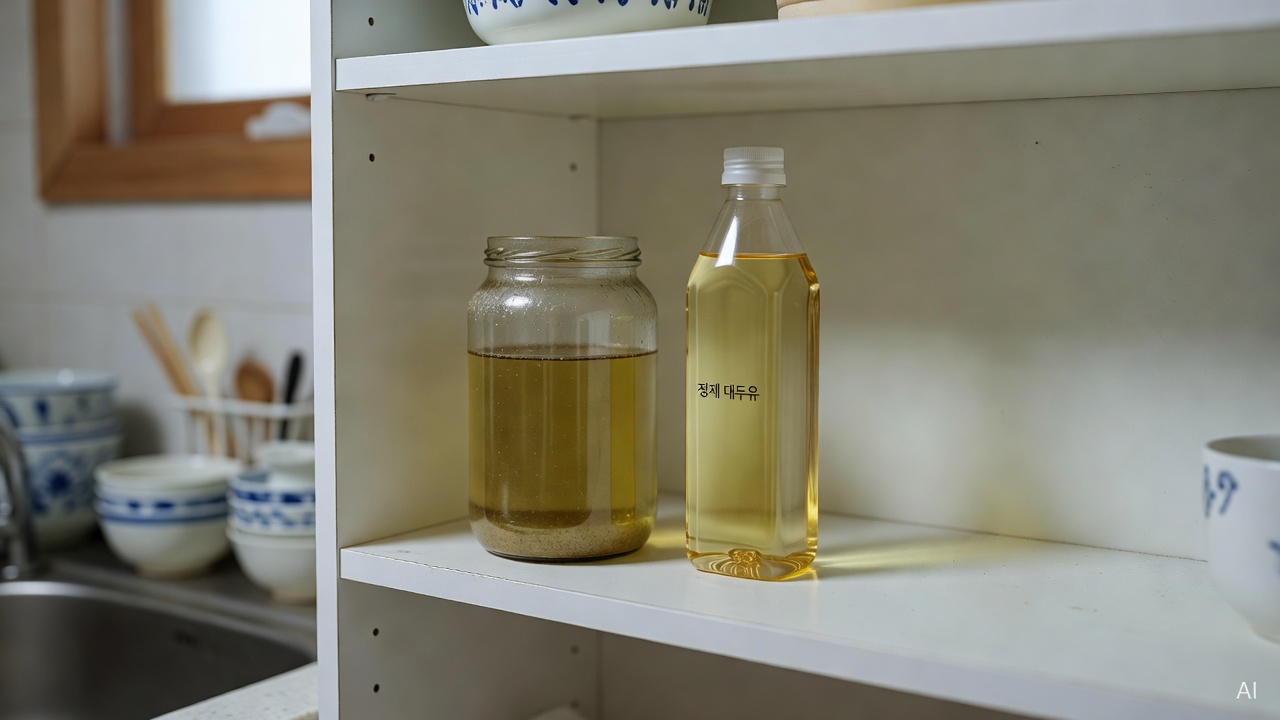 clear glass jar with old yellowish cooking oil next to a fresh bottle of light-colored oil on a white kitchen shelf