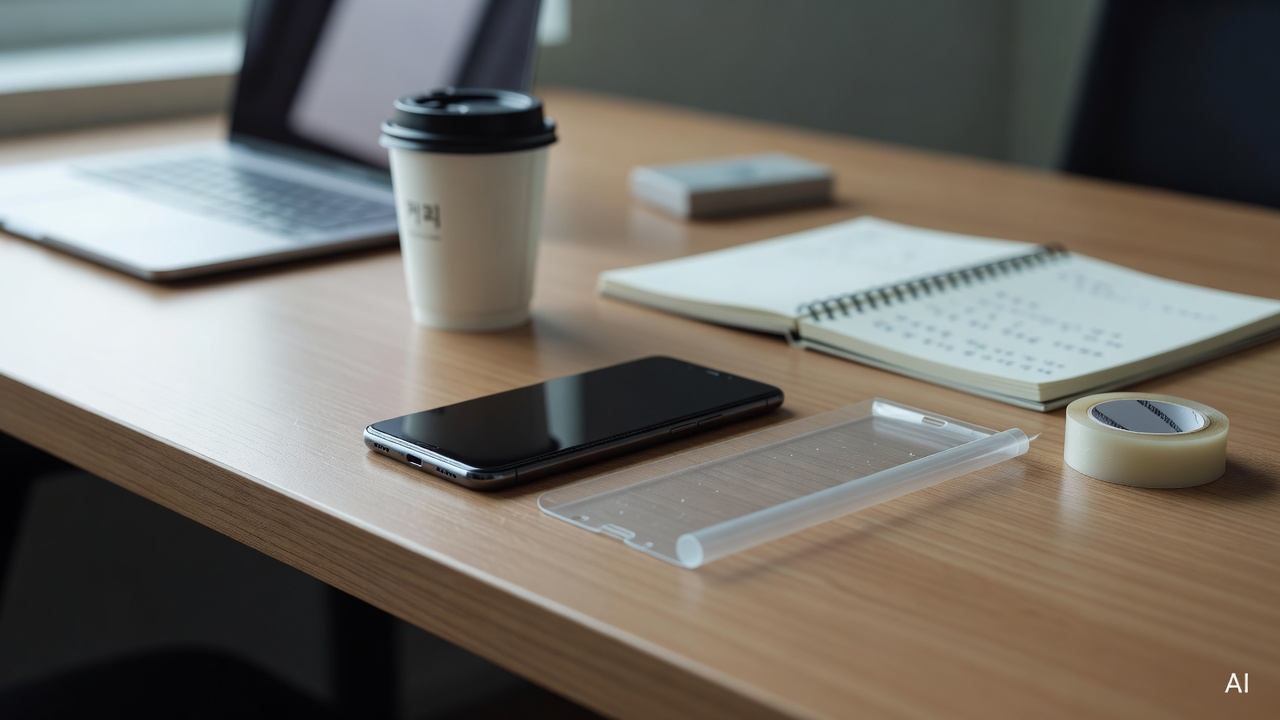 transparent screen protector and tape on a desk next to a smartphone