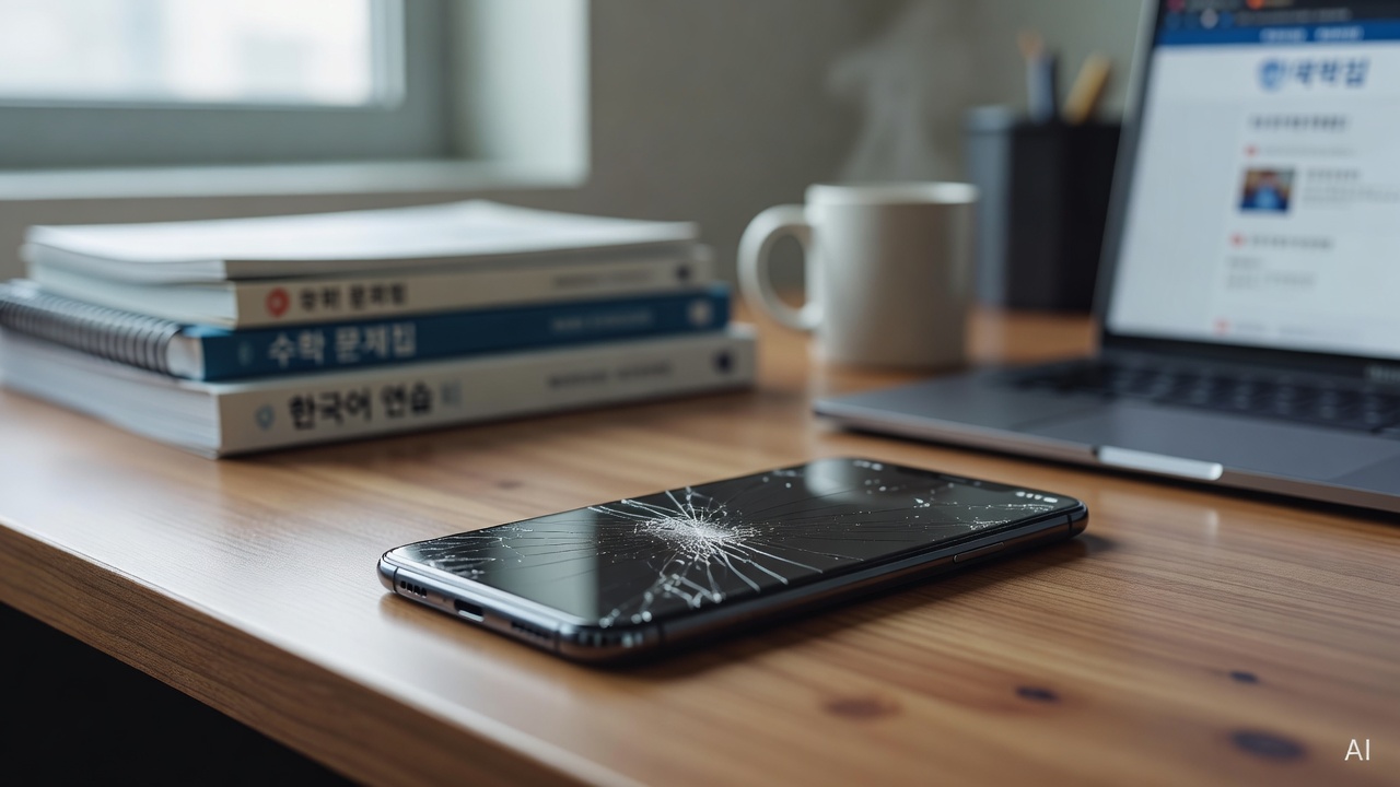 cracked smartphone screen close-up on a wooden desk