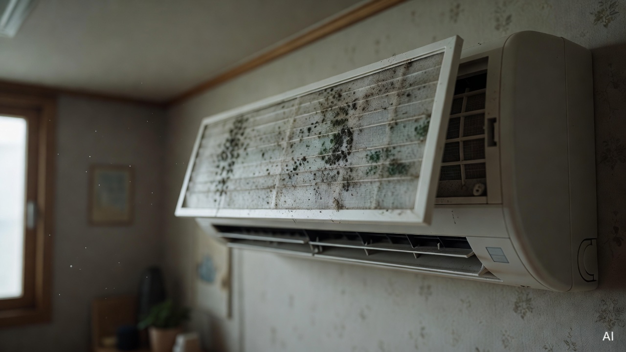 dusty air conditioner filter with visible mold spots on white plastic unit mounted on wall