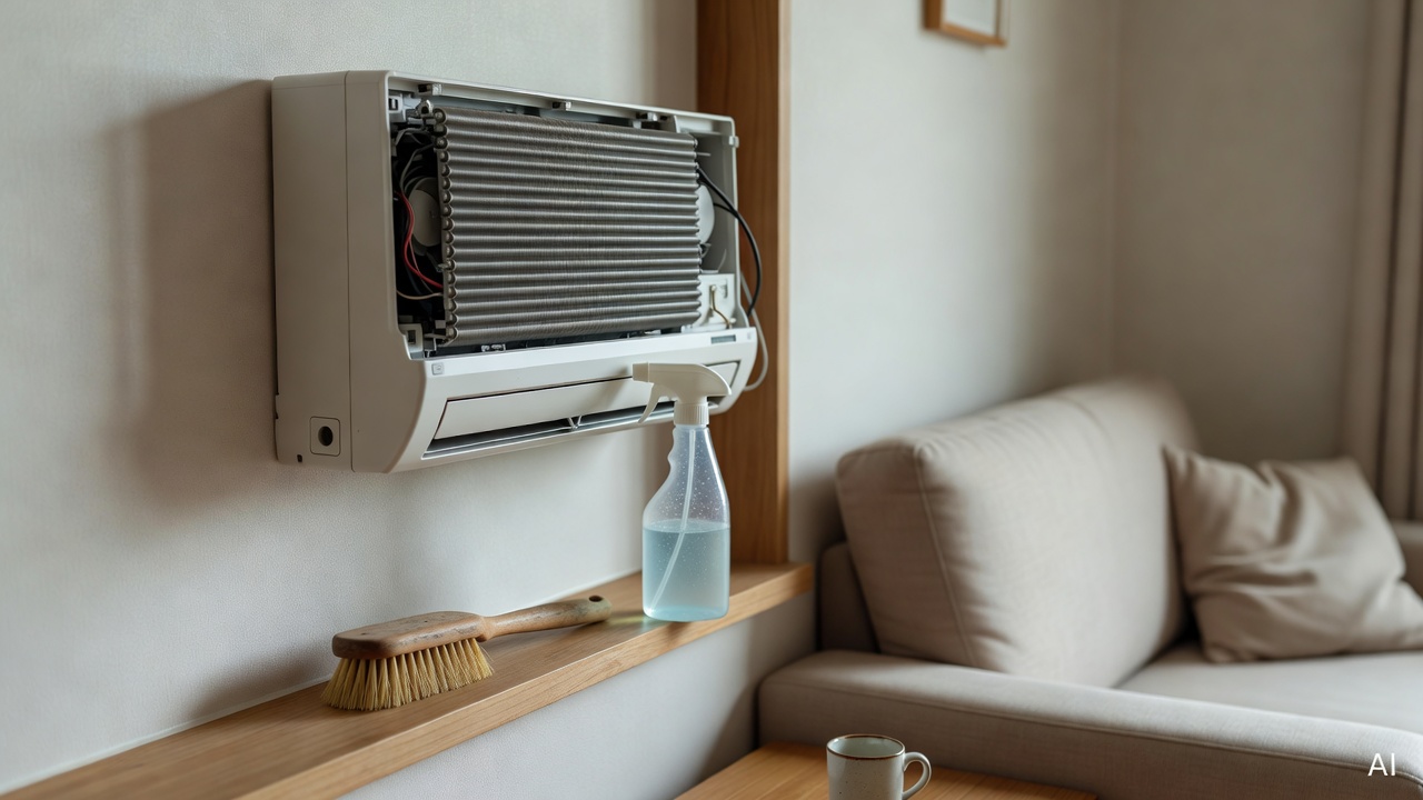 spray bottle and brush placed next to an open air conditioner unit on a living room wall