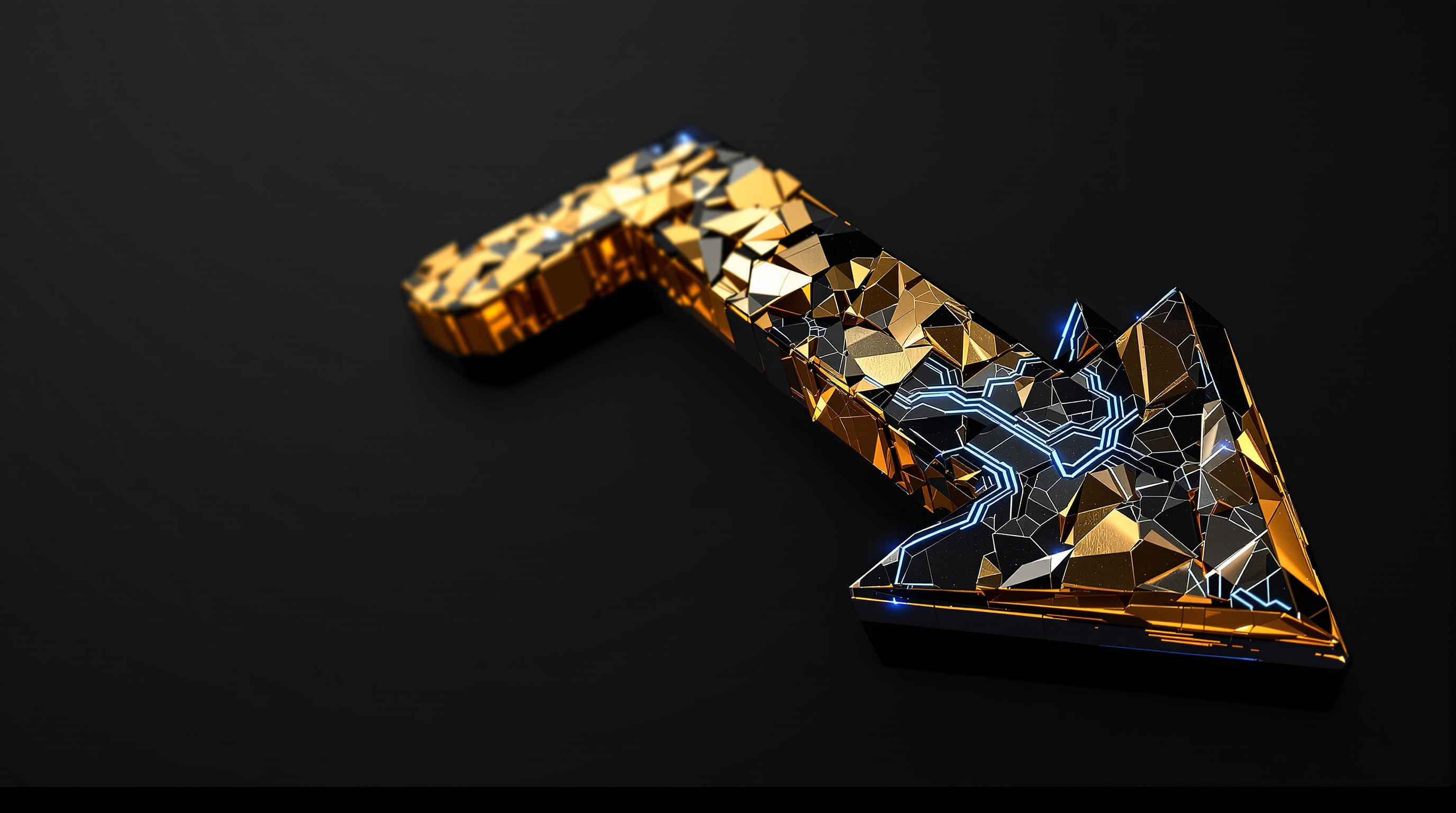 a large three-dimensional sculptural arrow composed of stacked burnished gold bars, fractured brushed-silver glass shards and matte-black plates, acce — editorial cover artwork for the Knightron story on Stocks Slide As Hot Inflation Print Bolsters Case For Decemb