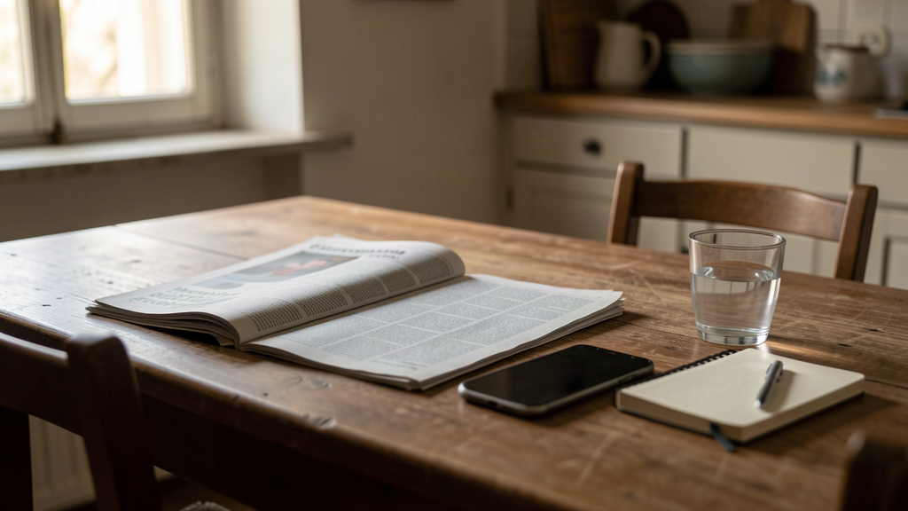 Un tavolo di cucina con un giornale aperto, uno smartphone e un quaderno