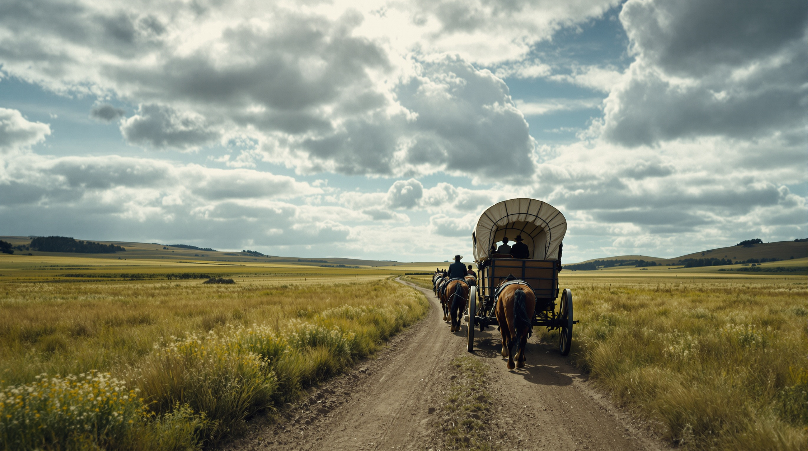 Cinematic Landscape Photography of Horse-Drawn Wagon