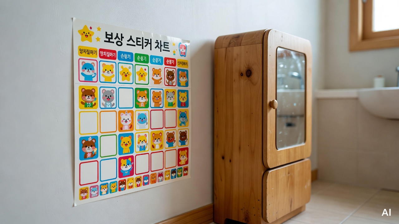 colorful reward sticker chart on a white wall next to a child's bathroom cabinet