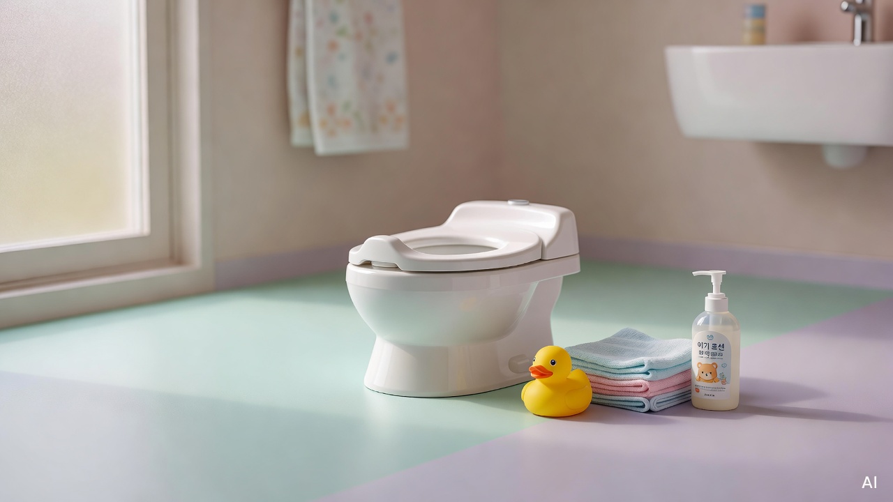 small white potty training toilet on a pastel-colored bathroom floor with children's bath items nearby