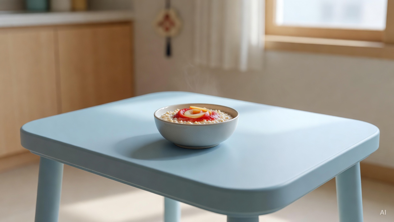small bowl of oatmeal with pureed fruit on a pastel blue baby feeding table