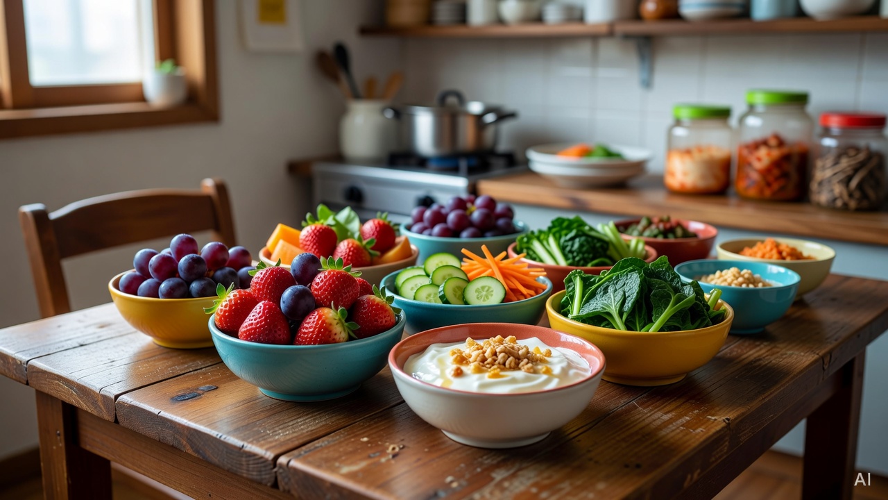 colorful bowls of fruits, vegetables, and yogurt on a wooden kitchen table