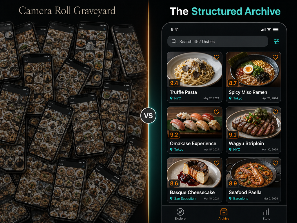Comparison of disorganized smartphone food photos versus a structured dish tracking app with searchable tags, ratings, and location metadata.