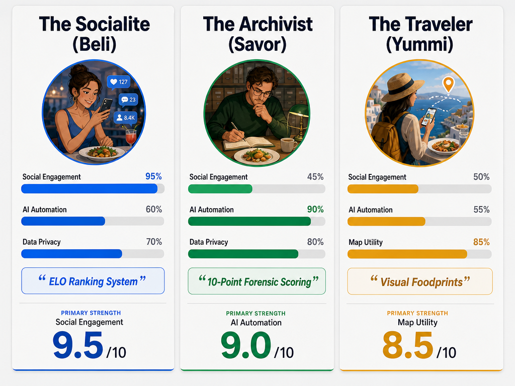 A comparison chart of food tracking apps Beli, Savor, and Yummi showing rankings for social engagement, AI features, and map utility.