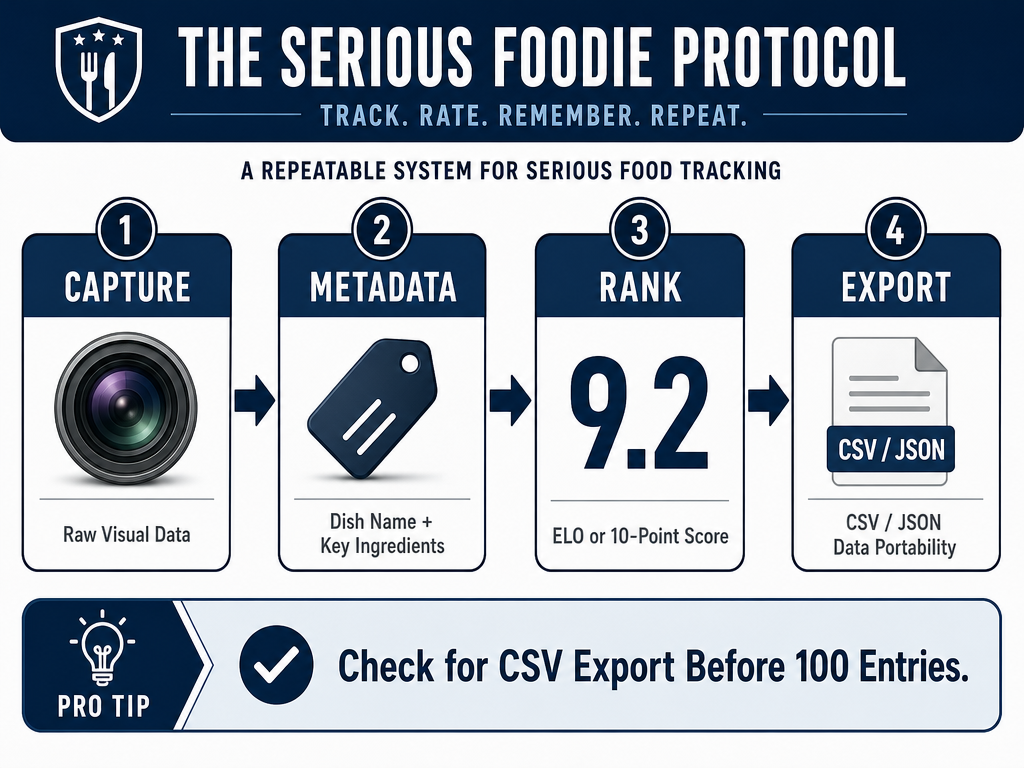 A four-step workflow diagram for food tracking: Capture photo, add metadata, assign a numerical rank, and export data for portability.