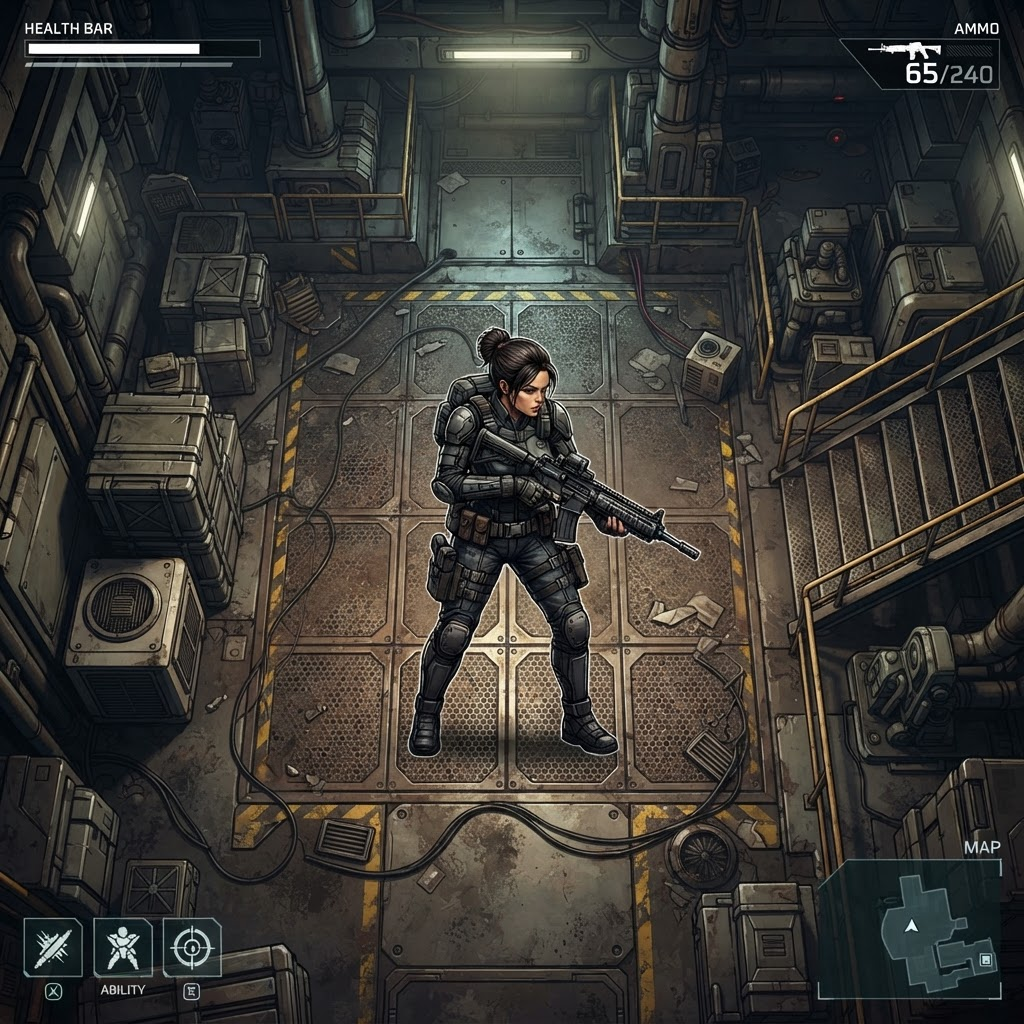 top down shooter game character. Nangles.
