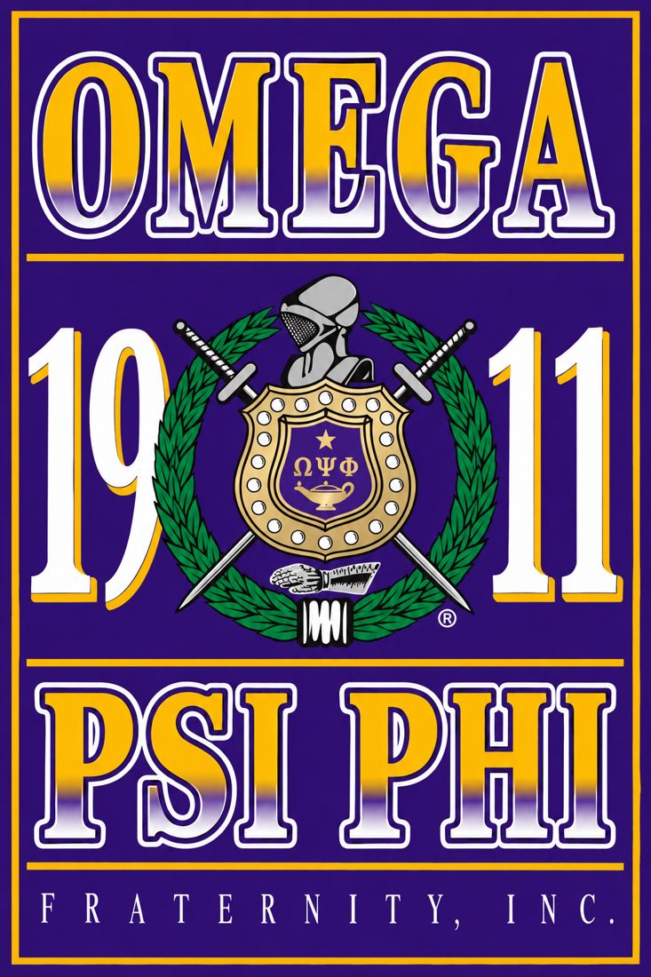 Omega Psi Phi 1911 design with the fraternity crest in purple, gold and white