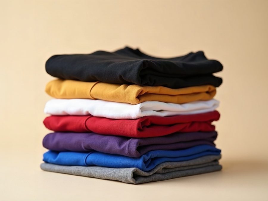 Stack of folded blank tees in black, gold, white, red, purple, blue and grey