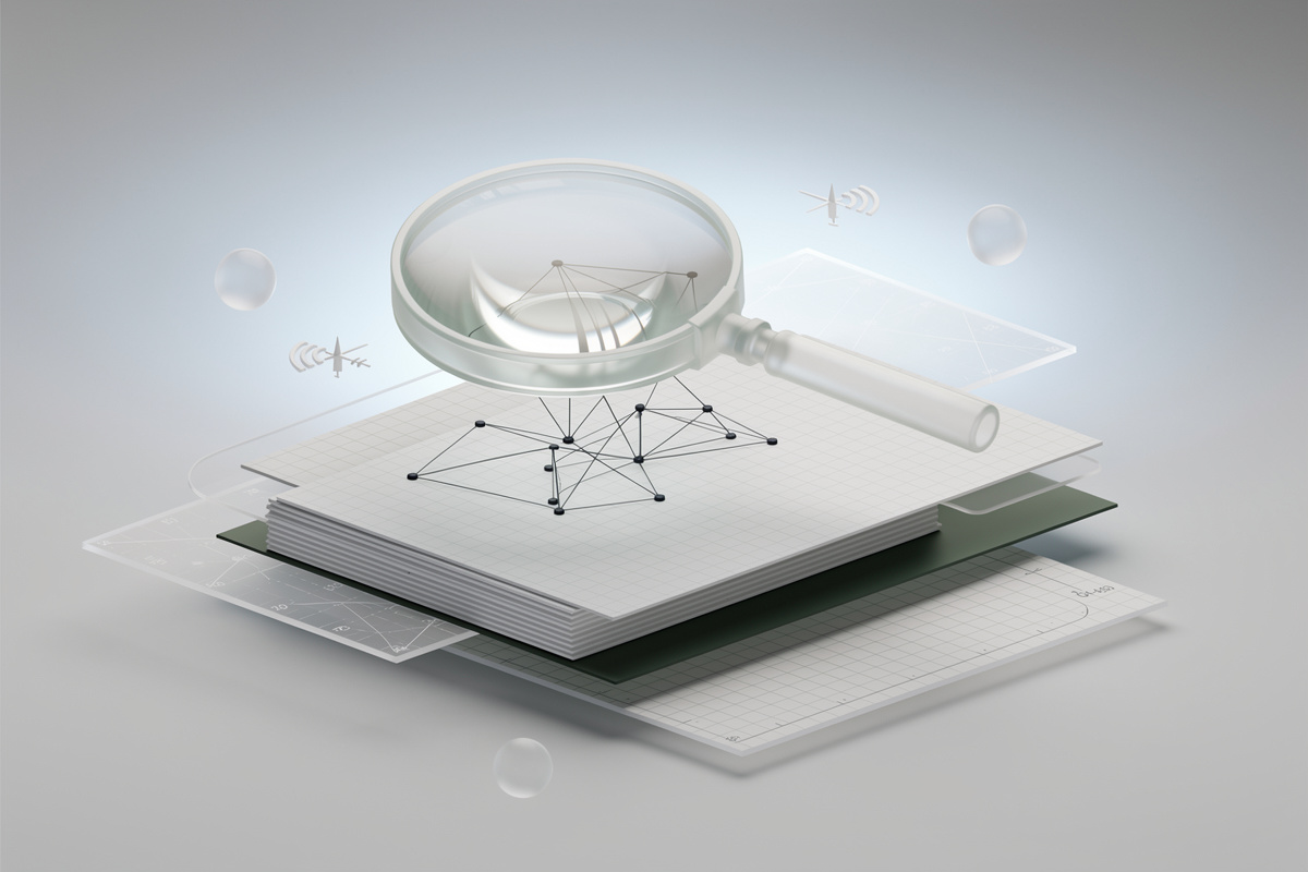 A magnifying glass hovering over a stack of paper-like panels linked by thin lines.
