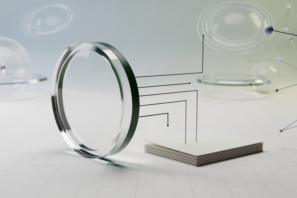 A scanning lens connected by thin lines to a small stack of blank paper panels.