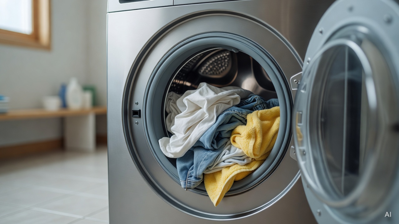 close-up of a washing machine drum with laundry inside