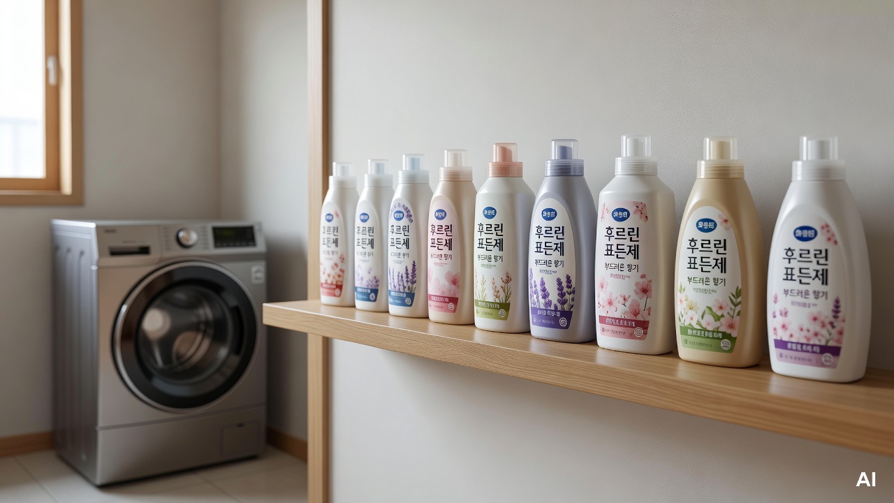 fabric softener bottles lined up on a laundry room shelf with a washing machine in the background