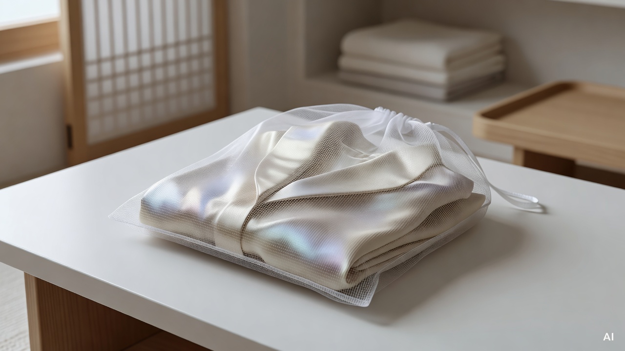 silk garment placed inside a mesh laundry bag on white surface