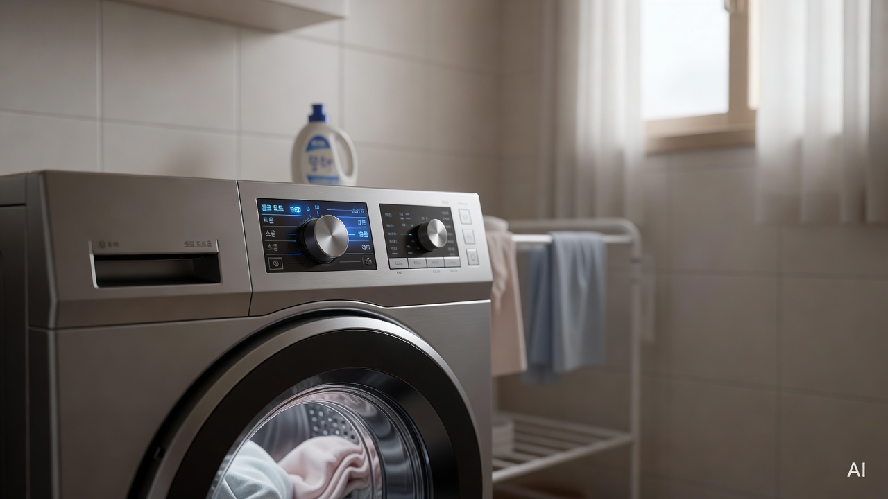 washing machine control panel with silk mode selected, laundry room background