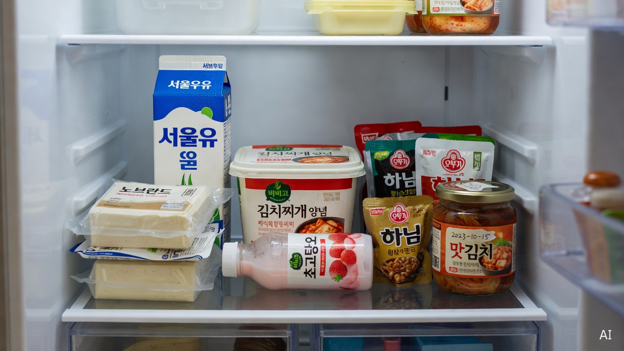 refrigerator shelf with various food packages and labels visible