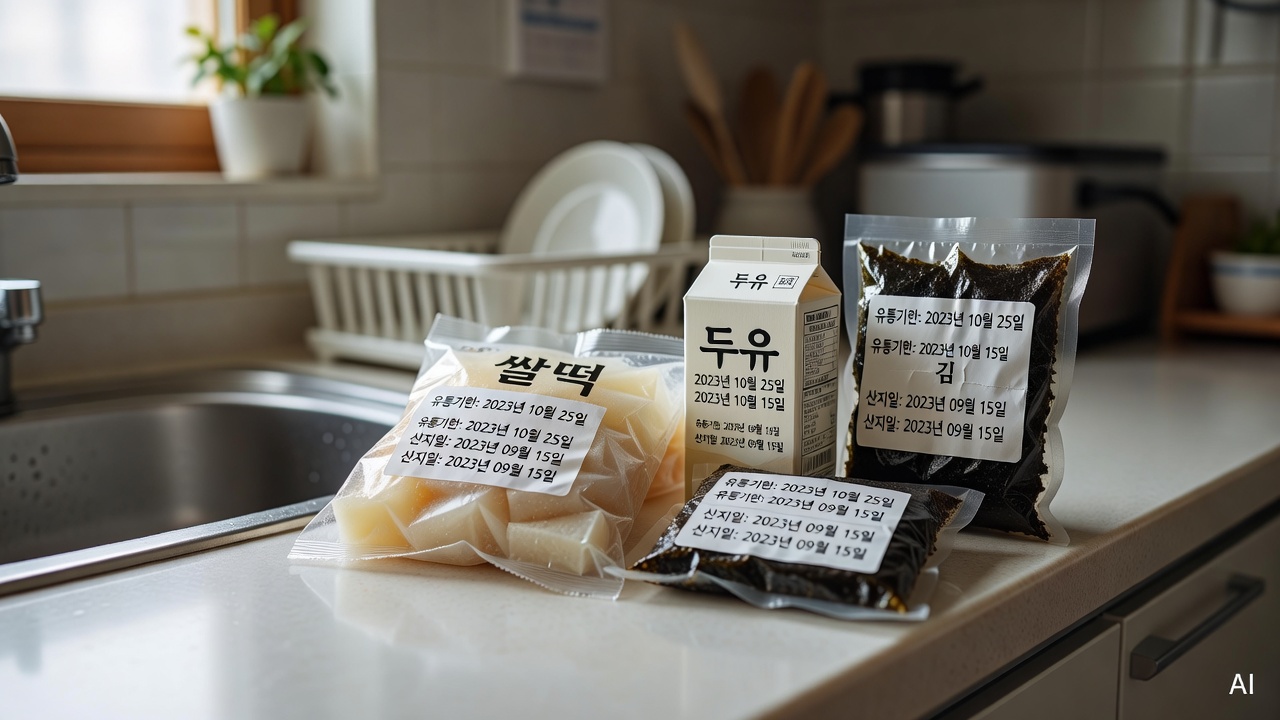 close-up of food expiration date labels on packaged goods placed on kitchen counter