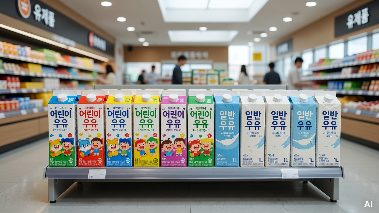 several cartons of children's milk and regular milk arranged on a supermarket shelf