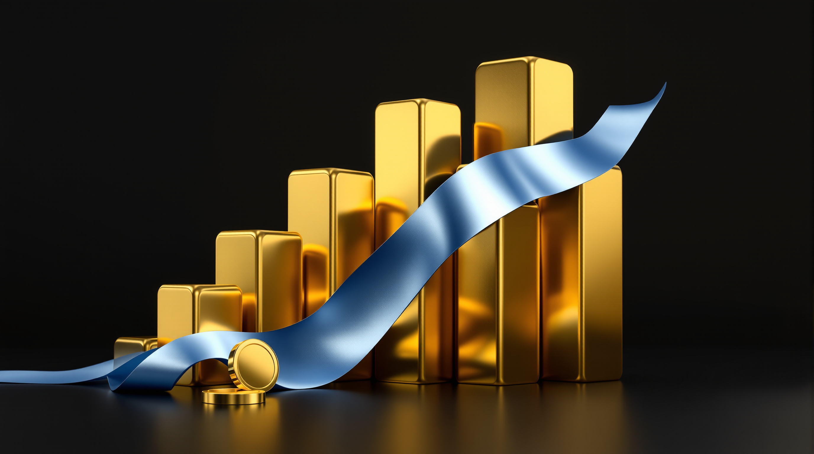 a diagonal array of polished gold market bars (abstract candlestick-like forms) with a smooth brushed silver-blue ribbon weaving down through them; a  — editorial cover artwork for the Knightron story on Stocks Advance Despite Wholesale Inflation Surge As Treasury