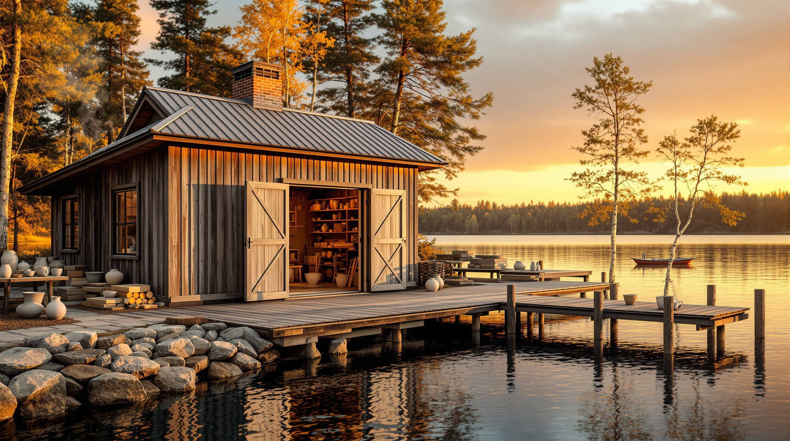 Cedar Lakeside Pottery Studio with Wood-Fired Kiln (Golden Hour Exterior)