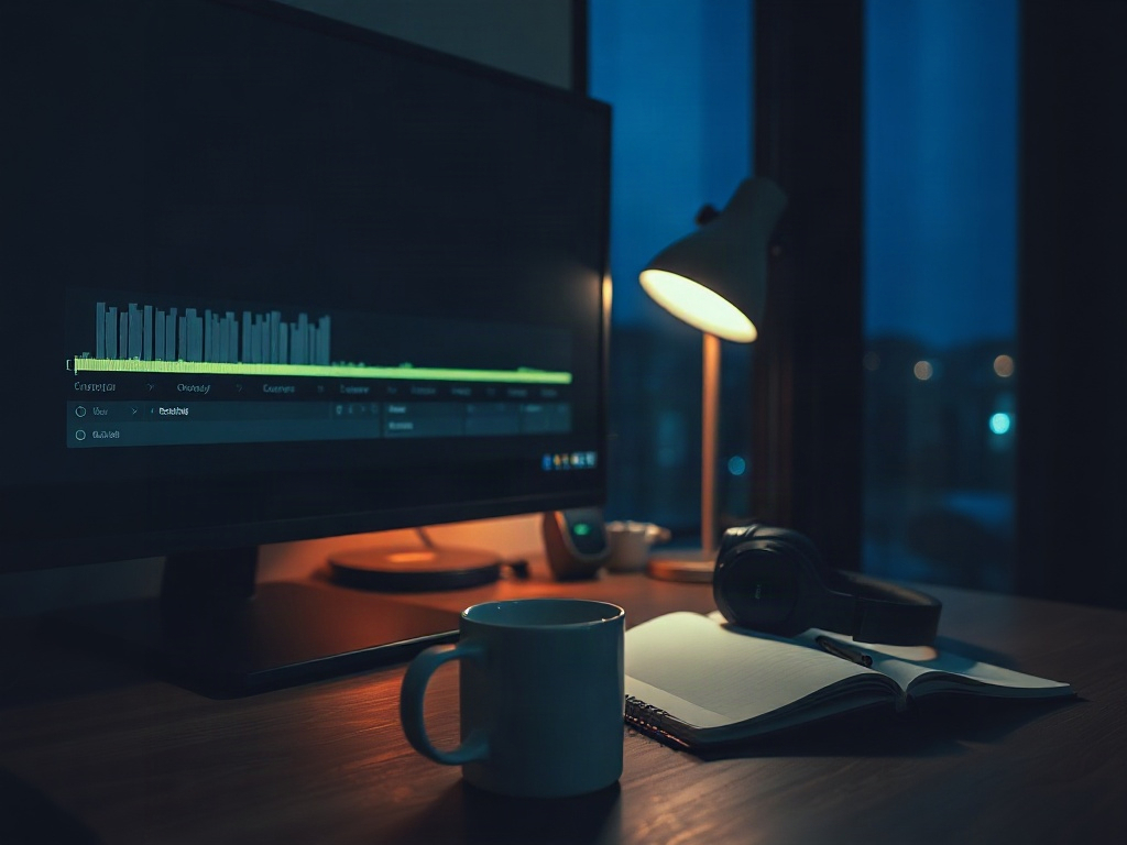 A late-night creator's editing desk at an angle: a dark monitor showing an abstract video timeline with an unfinished progress bar, a plain mug in the foreground, studio headphones beside a notebook, a desk lamp casting warm light and a dark blue night window behind