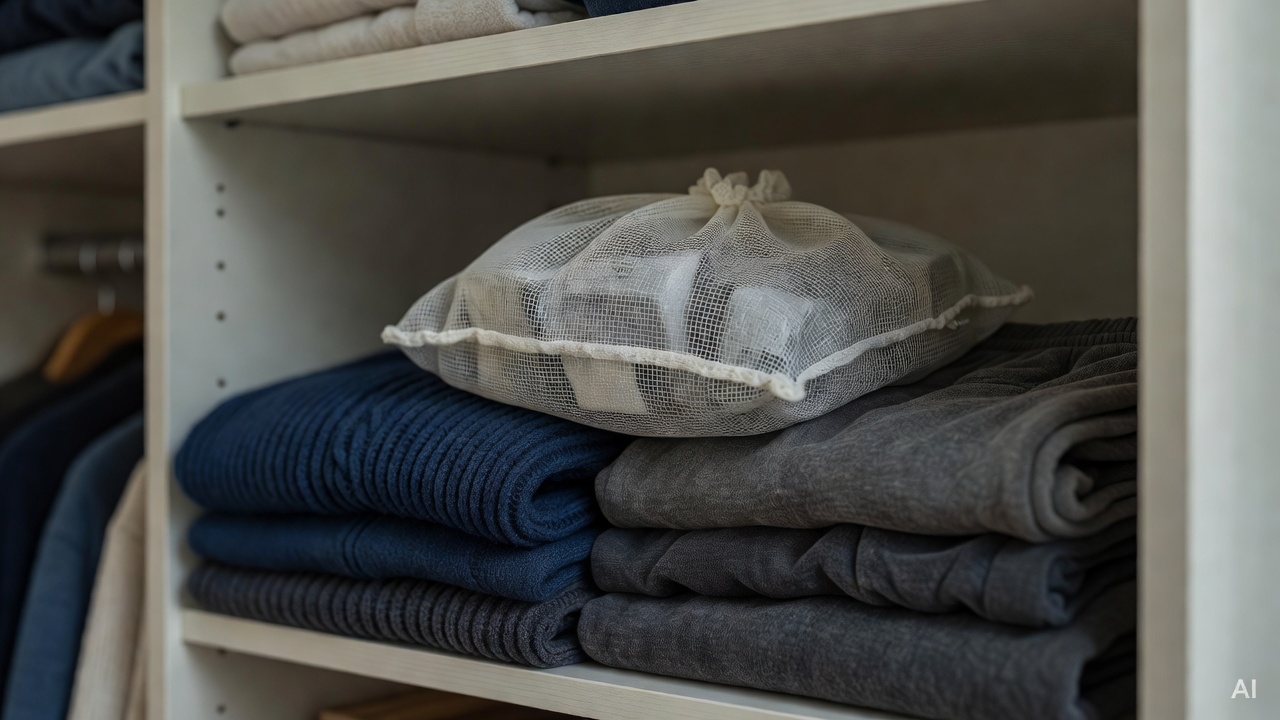 close-up of wardrobe top shelf with a mesh bag containing wardrobe repellent, folded winter clothes below