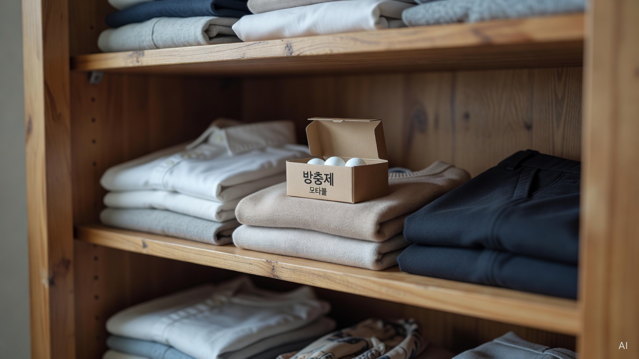 mothball repellent placed on top shelf inside a wooden wardrobe with neatly folded clothes
