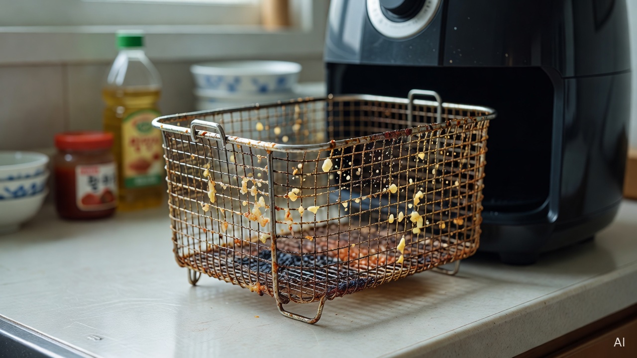 air fryer basket with grease buildup on a kitchen counter