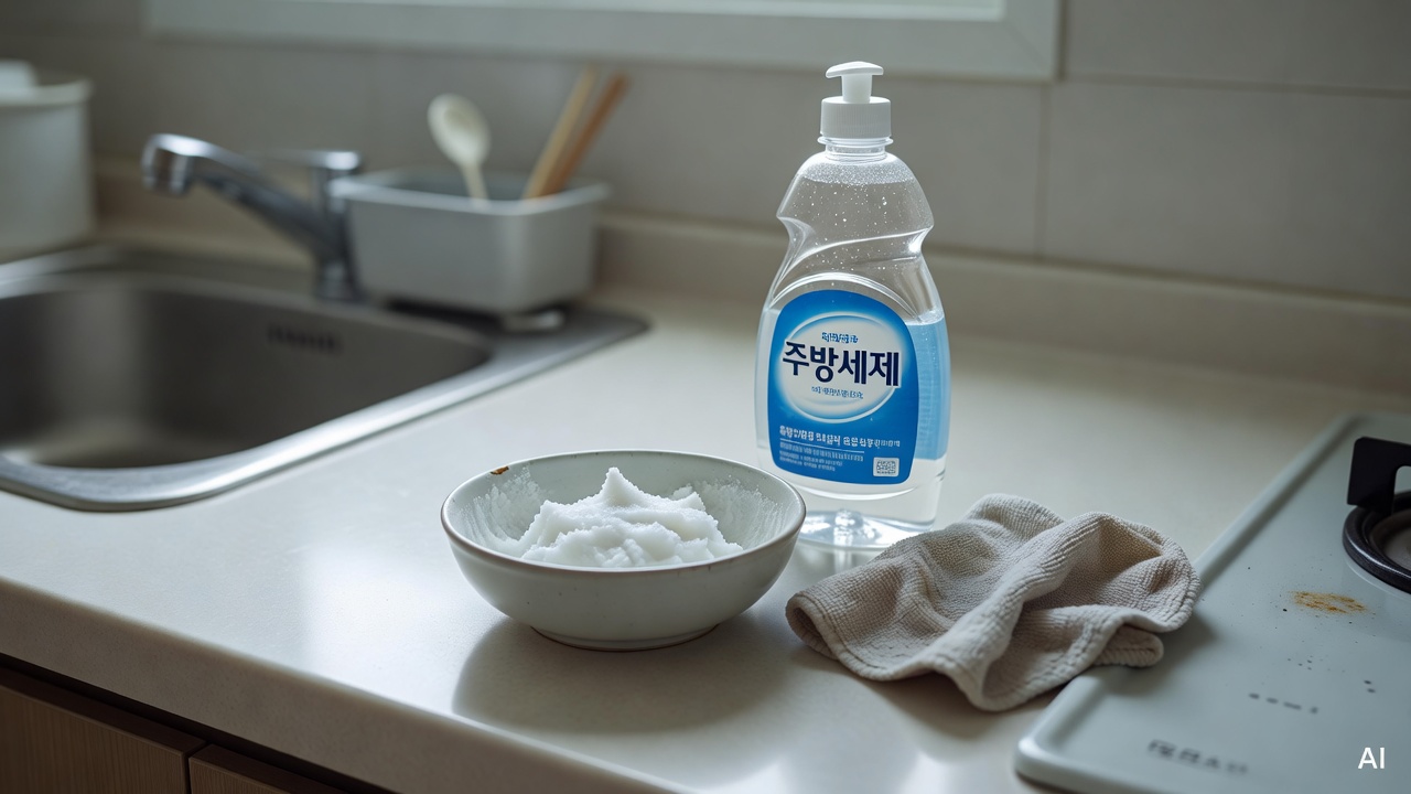 baking soda paste and dish soap bottle on a kitchen counter next to a small bowl