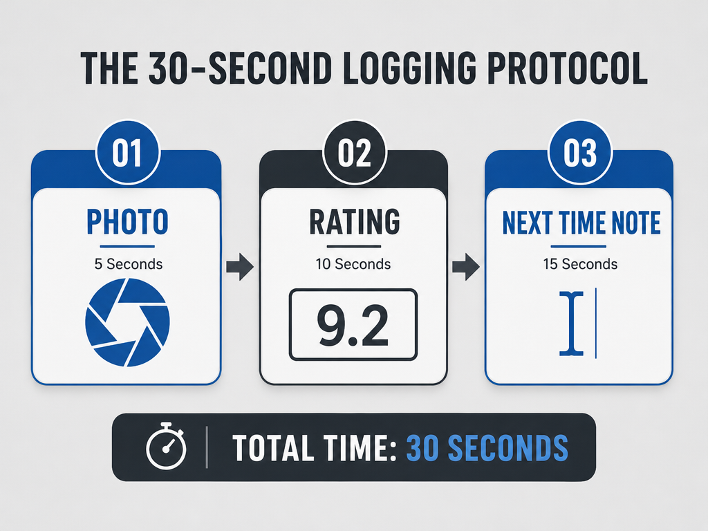 A three-step infographic showing a 30-second workflow for logging restaurant dishes: capture photo, assign rating, and write a next-time note.