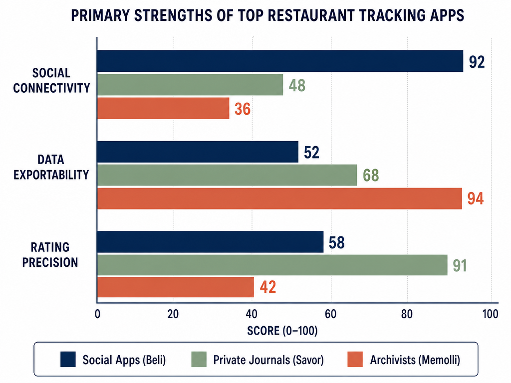 Bar chart comparing restaurant tracking apps across social connectivity, data exportability, and rating precision metrics for informed user choice.