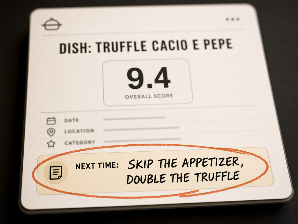 User interface mockup highlighting a dish entry with a specific 'Next Time' note to guide future ordering decisions at the same restaurant.
