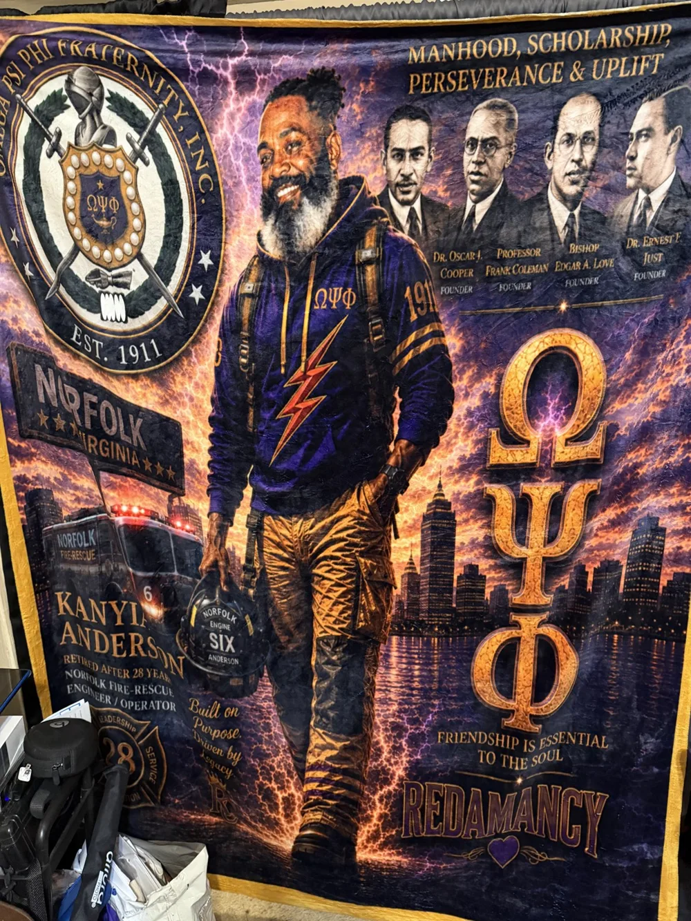 Full-color fleece blanket printed with a custom tribute design