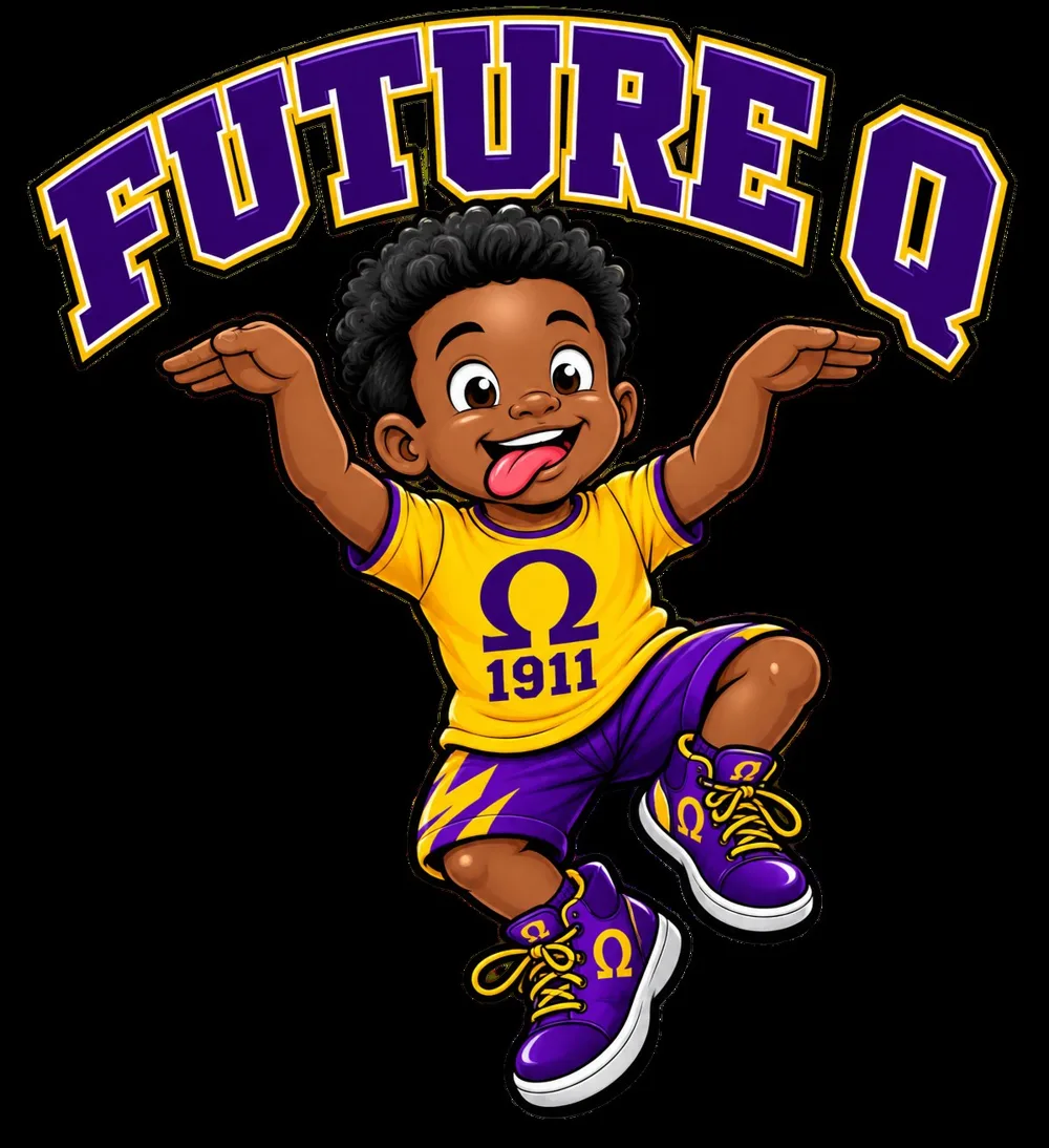 Kids design of a smiling boy in purple and gold reading Future Q