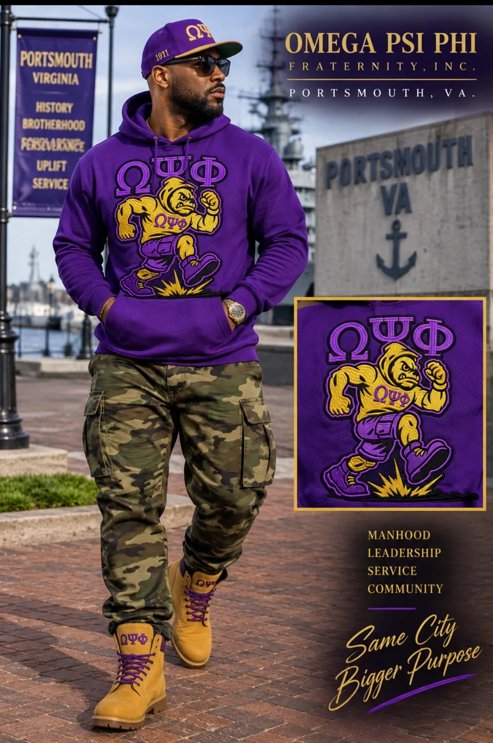 Purple Omega Psi Phi hoodie with gold bulldog graphic