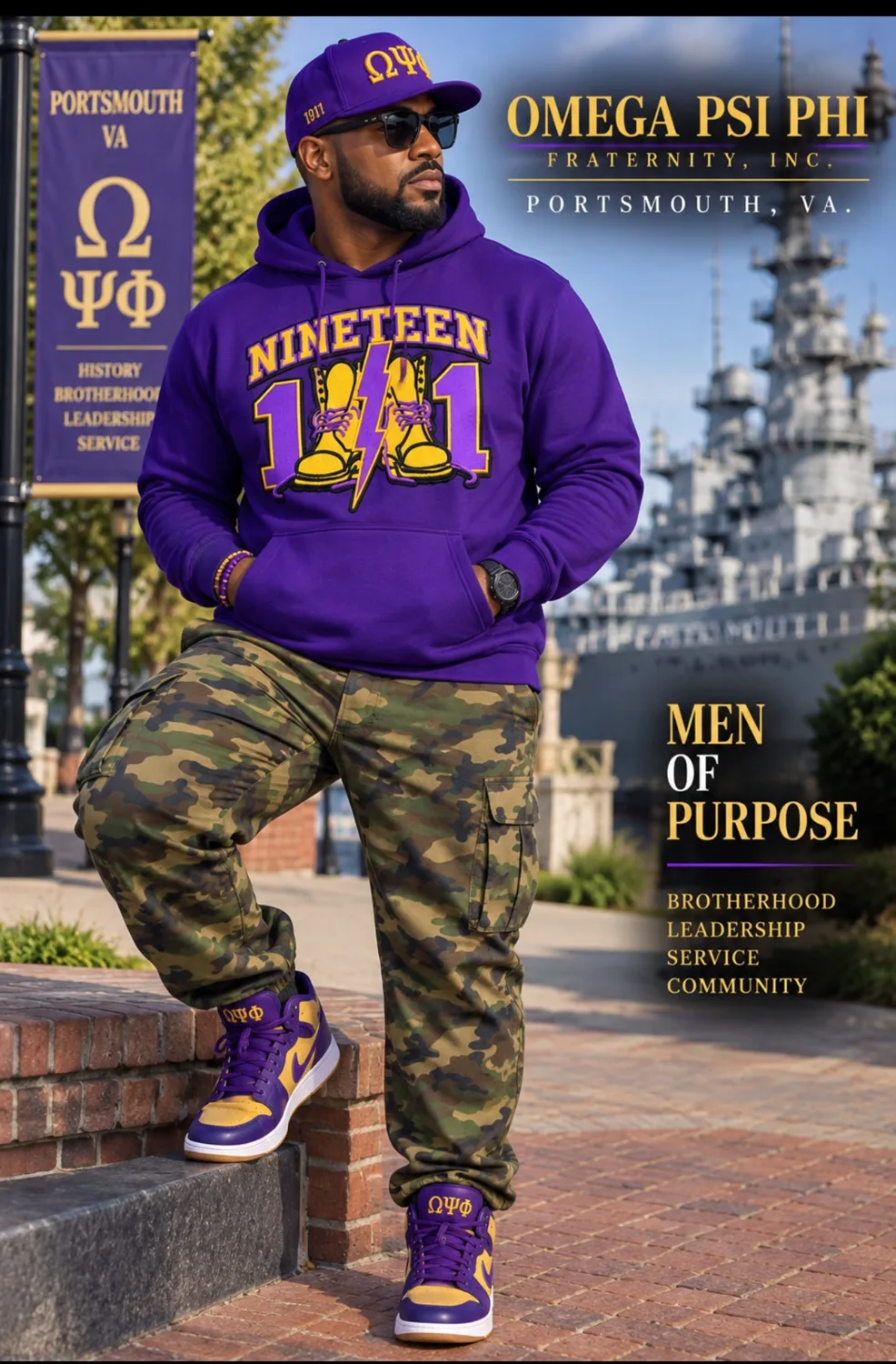 Purple 1911 hoodie styled with camo pants