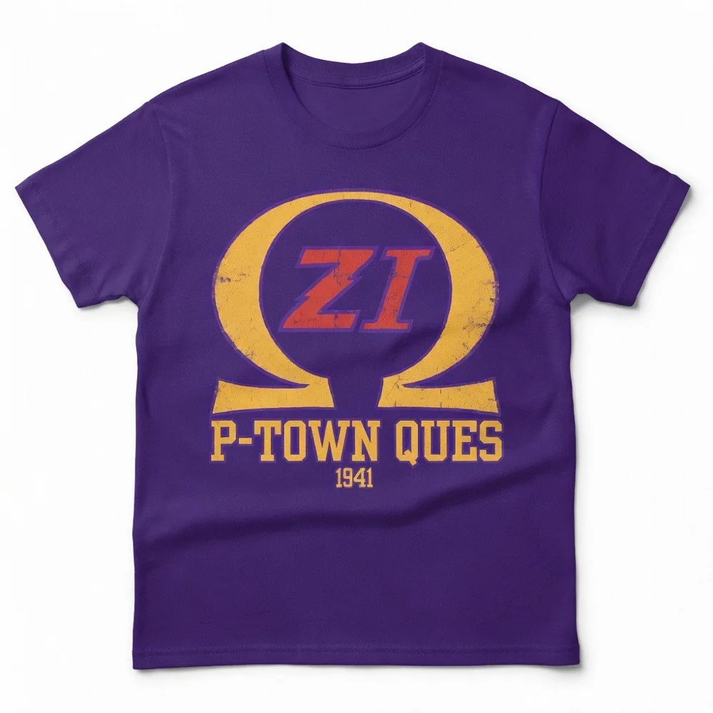 Purple chapter t-shirt with a distressed gold Omega