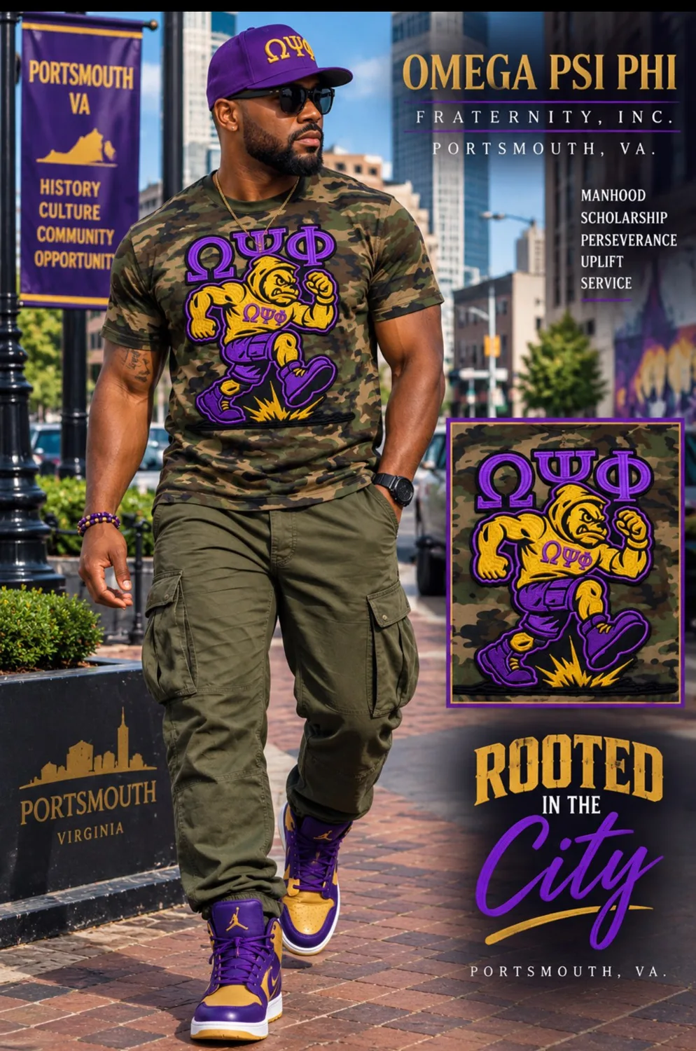 Omega Psi Phi camo tee with purple and gold bulldog design, styled