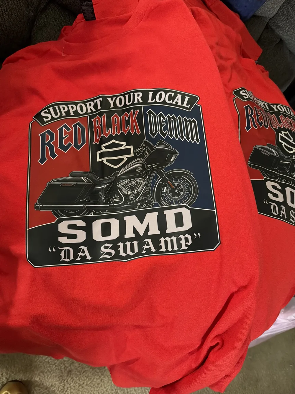 Red event t-shirts with a full-color motorcycle club design